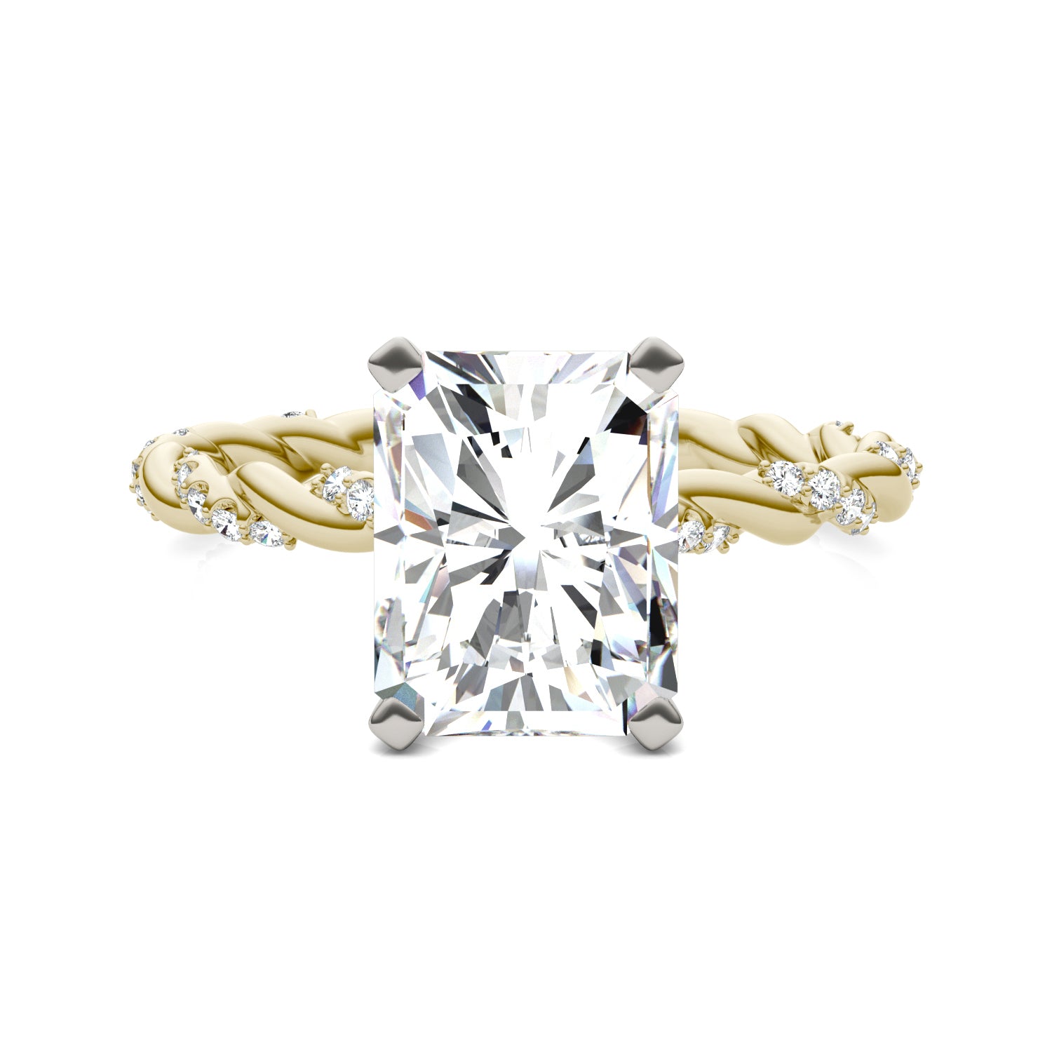 2.89 CTW DEW Radiant Forever One™ Moissanite Solitaire with Twist Side Accents Engagement Ring