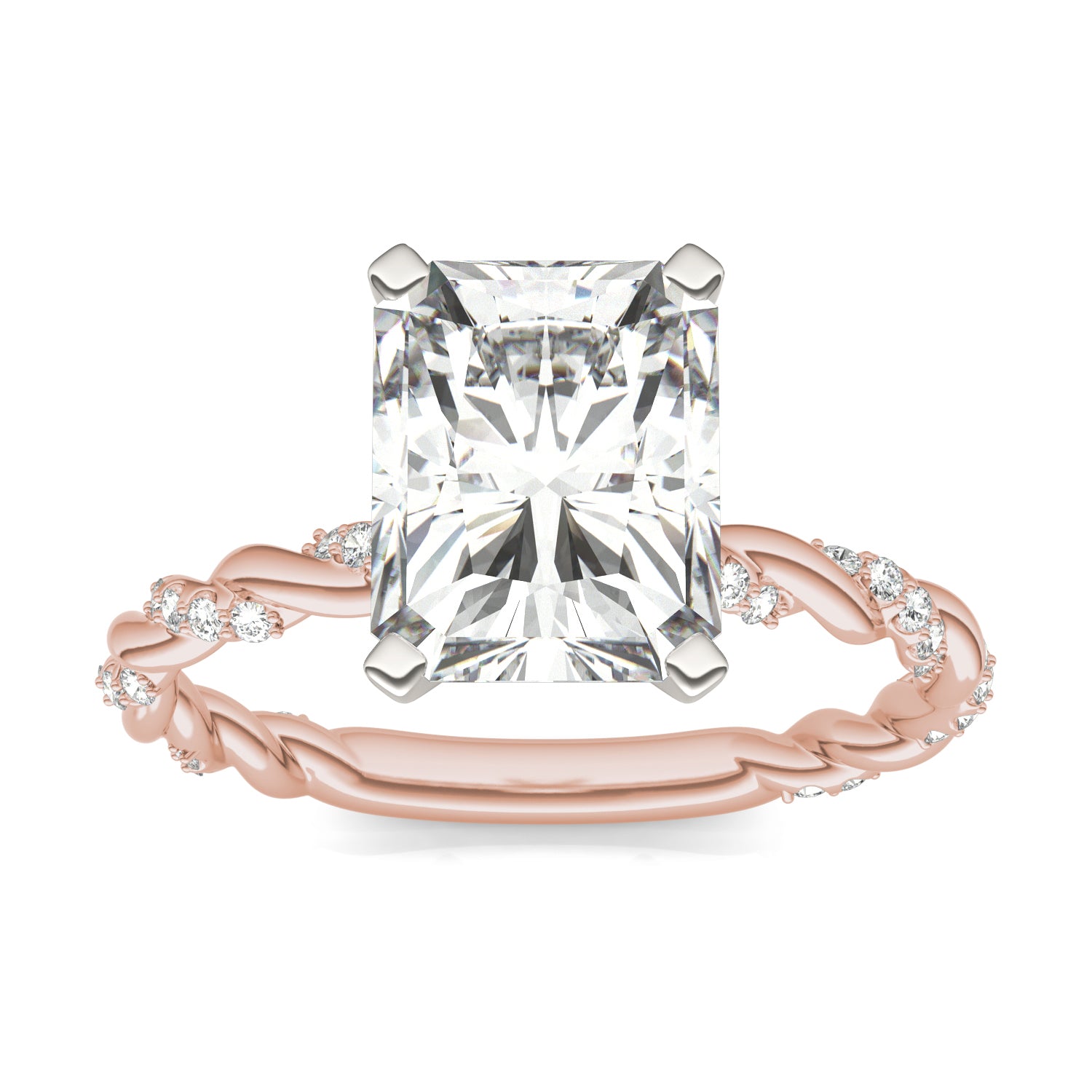 2.89 CTW DEW Radiant Forever One™ Moissanite Solitaire with Twist Side Accents Engagement Ring