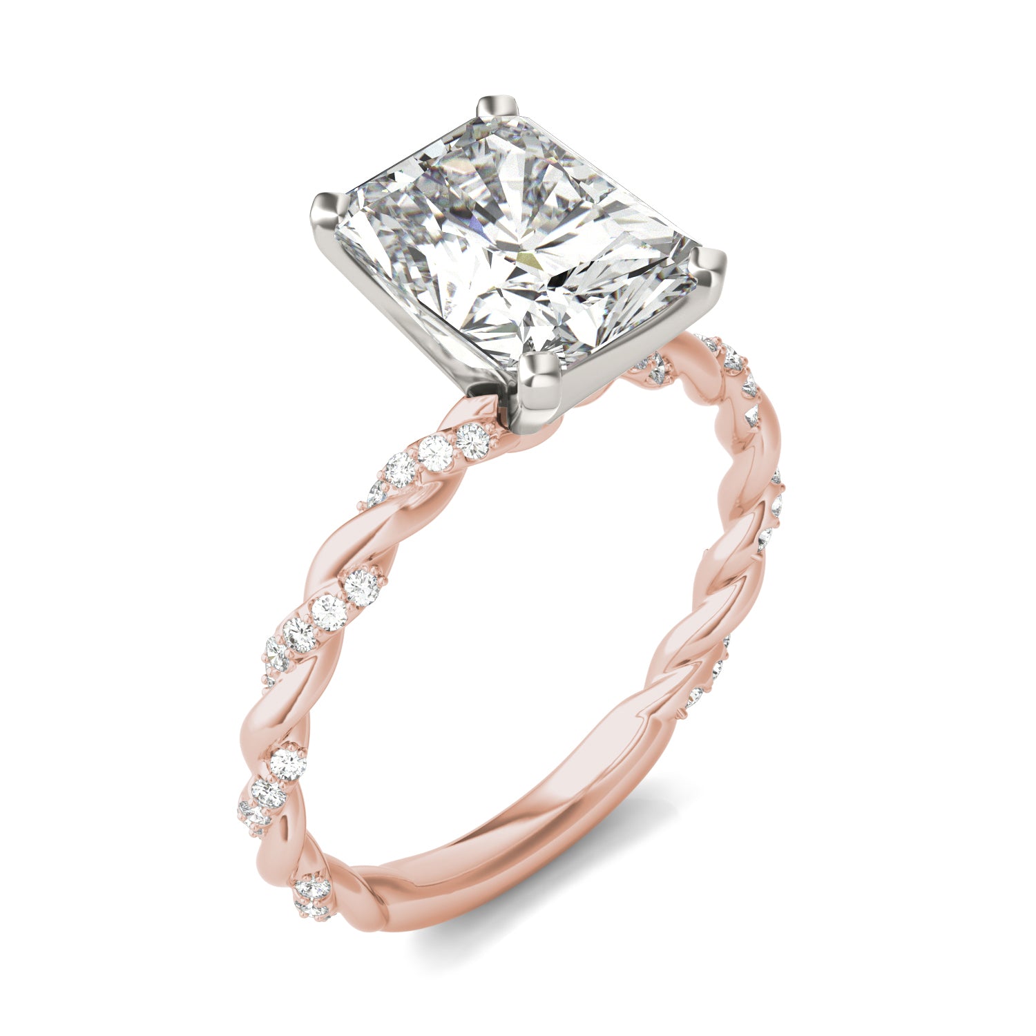 2.89 CTW DEW Radiant Forever One™ Moissanite Solitaire with Twist Side Accents Engagement Ring