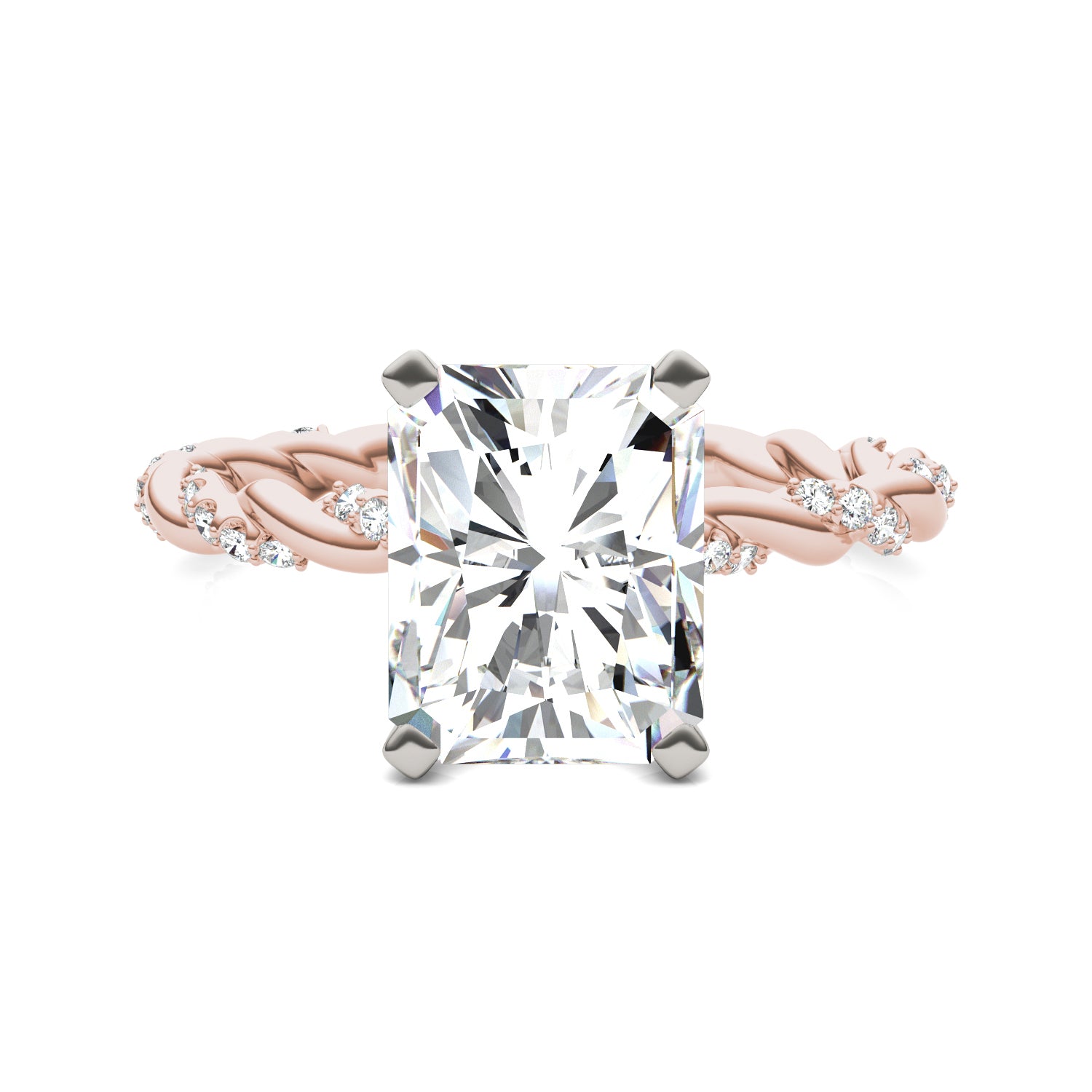 2.89 CTW DEW Radiant Forever One™ Moissanite Solitaire with Twist Side Accents Engagement Ring