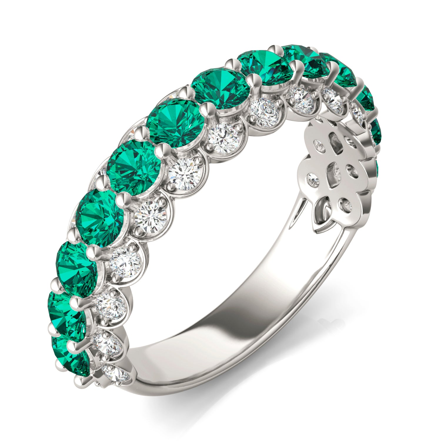 1/2 CTW Round Caydia® Lab Grown Diamond Three Row Ring featuring Created Emerald