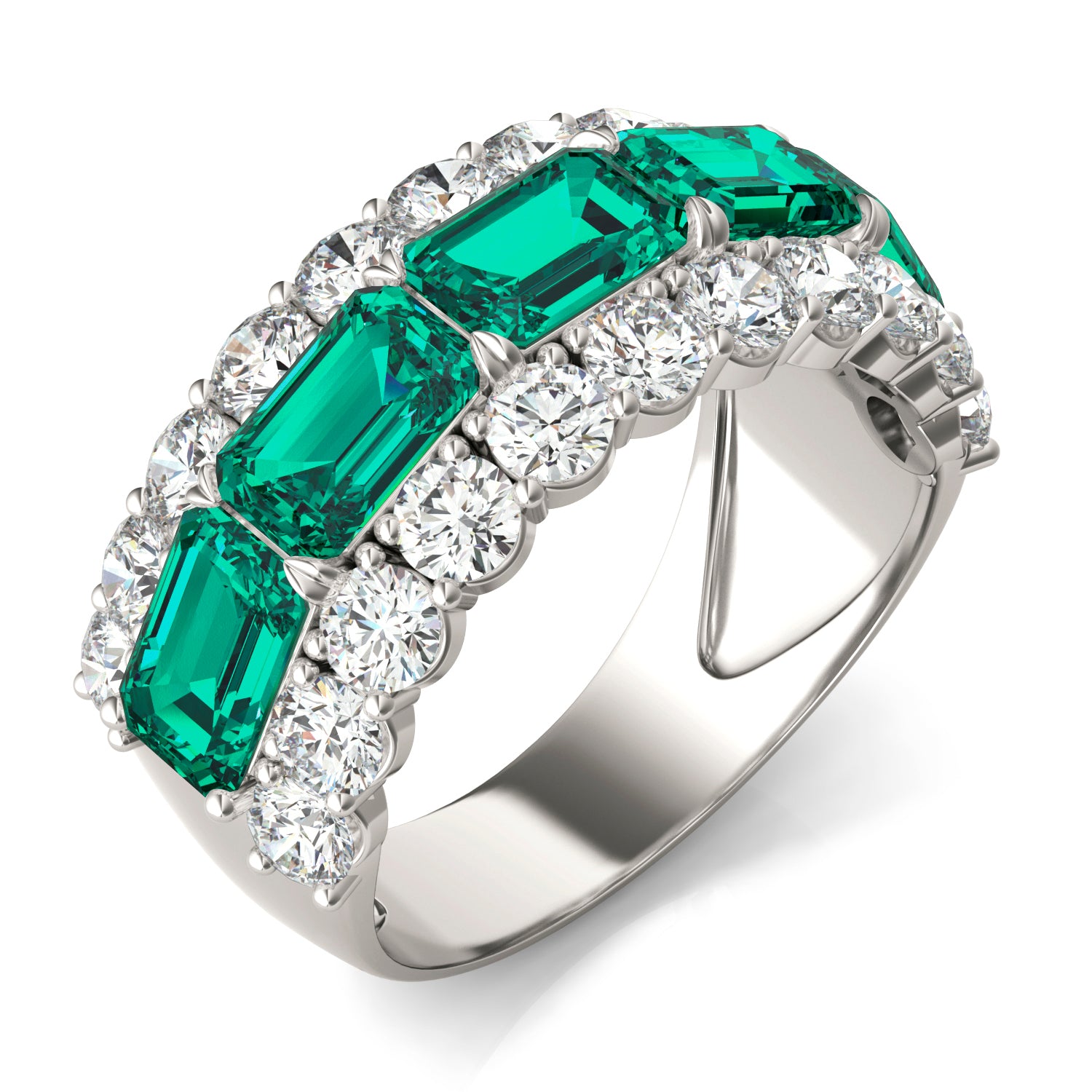 1 3/4 CTW Round Caydia® Lab Grown Diamond Three Row Ring featuring Created Emerald