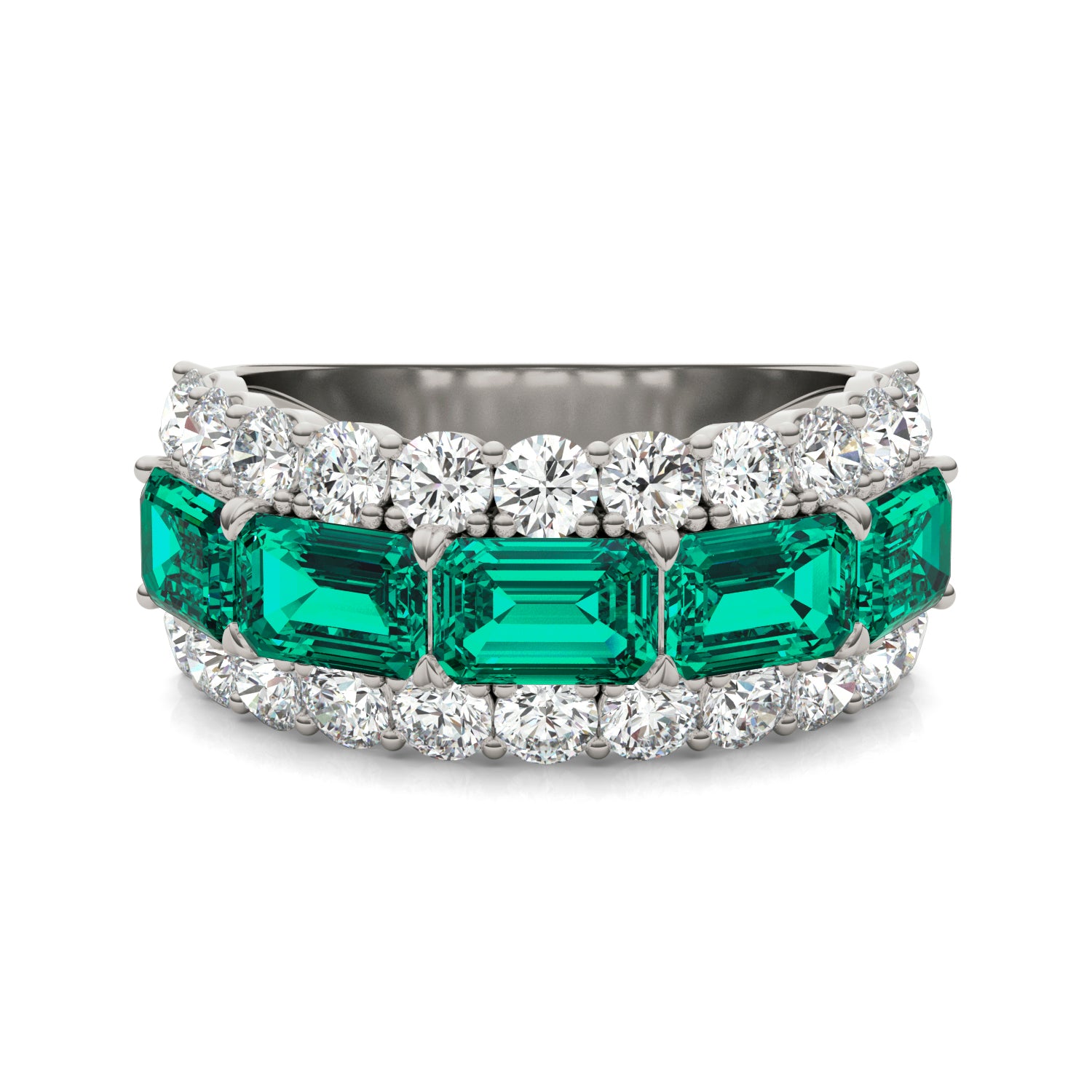 1 3/4 CTW Round Caydia® Lab Grown Diamond Three Row Ring featuring Created Emerald