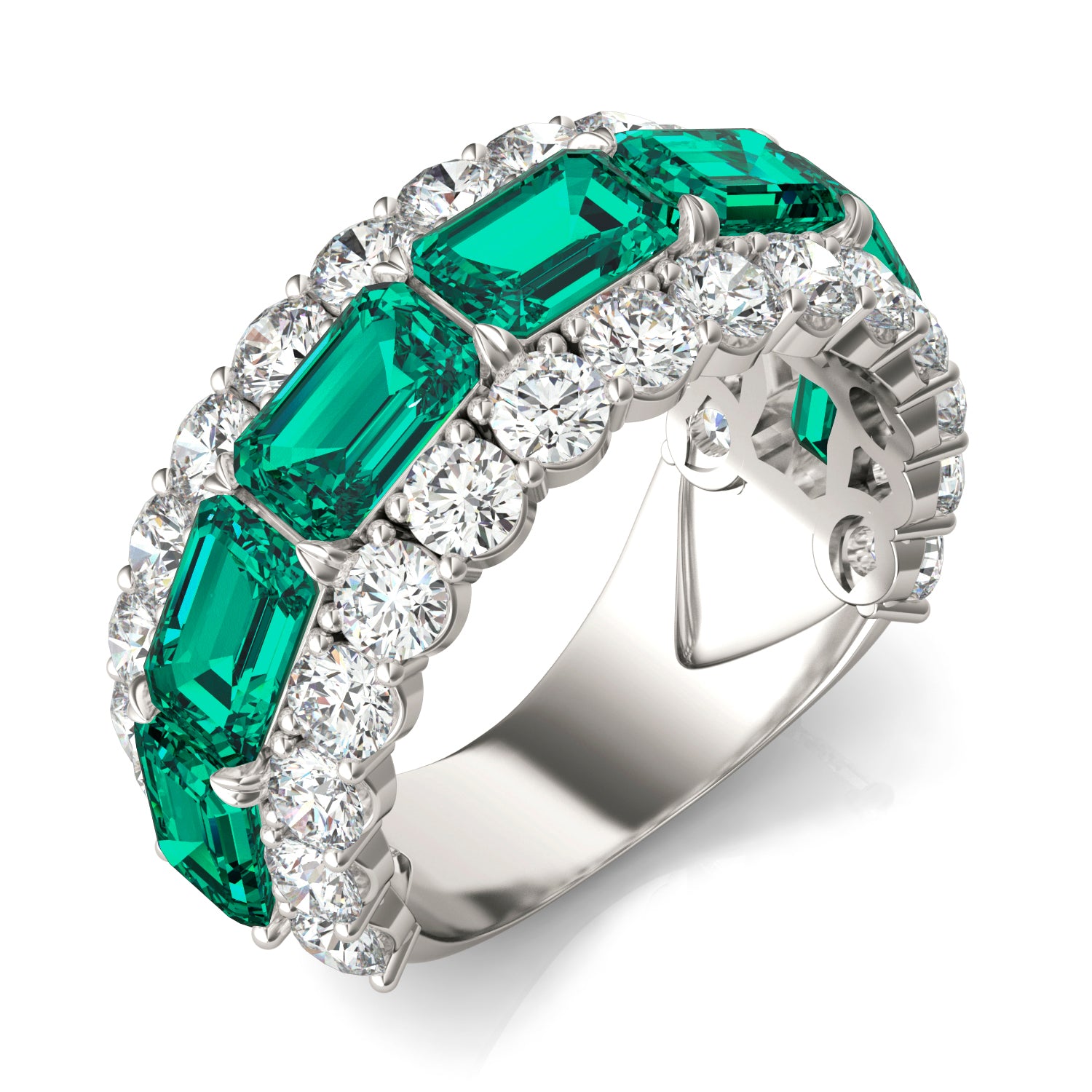2 2/5 CTW Round Caydia® Lab Grown Diamond Three Row Ring featuring Created Emerald