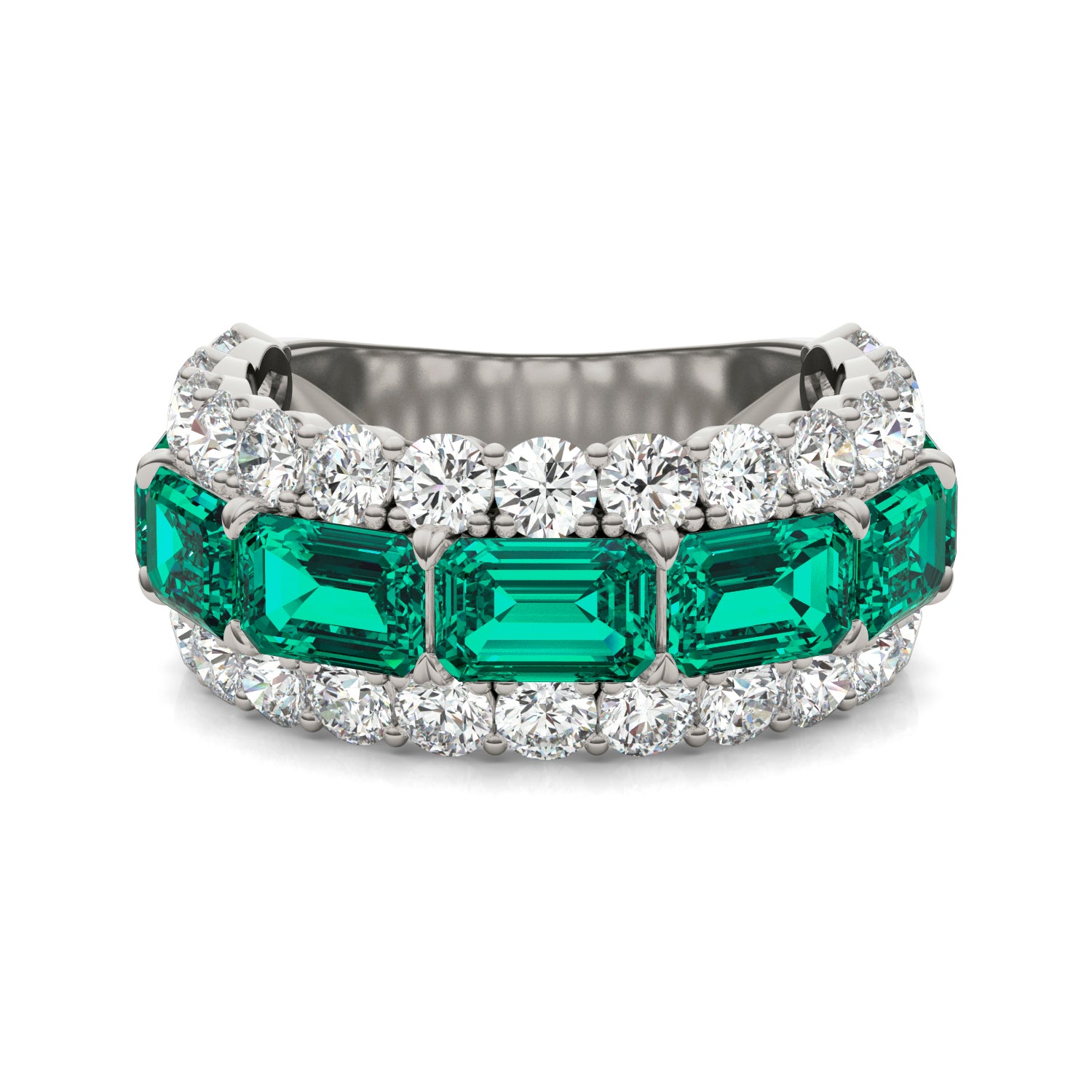 2 2/5 CTW Round Caydia® Lab Grown Diamond Three Row Ring featuring Created Emerald