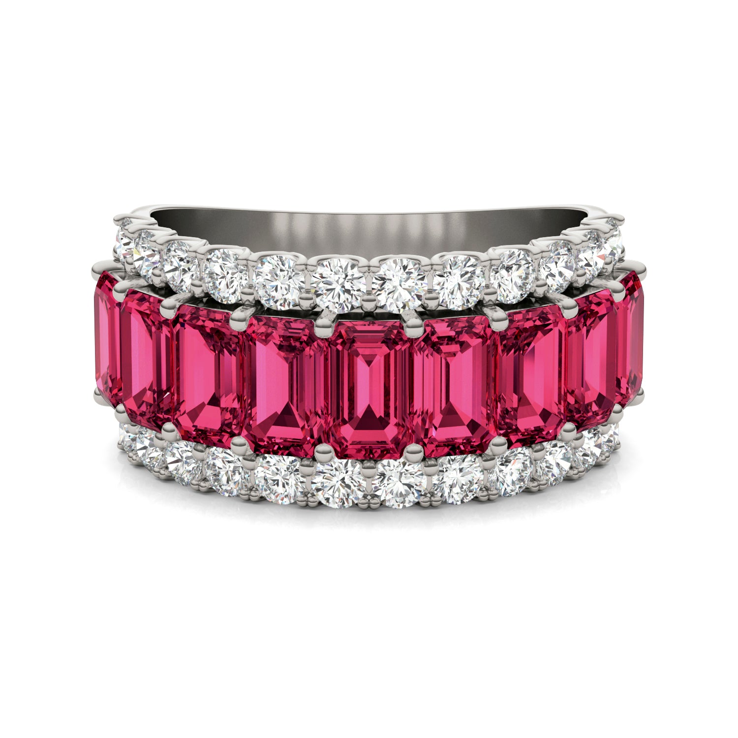 7/8 CTW Round Caydia® Lab Grown Diamond Three Row Ring featuring Created Ruby