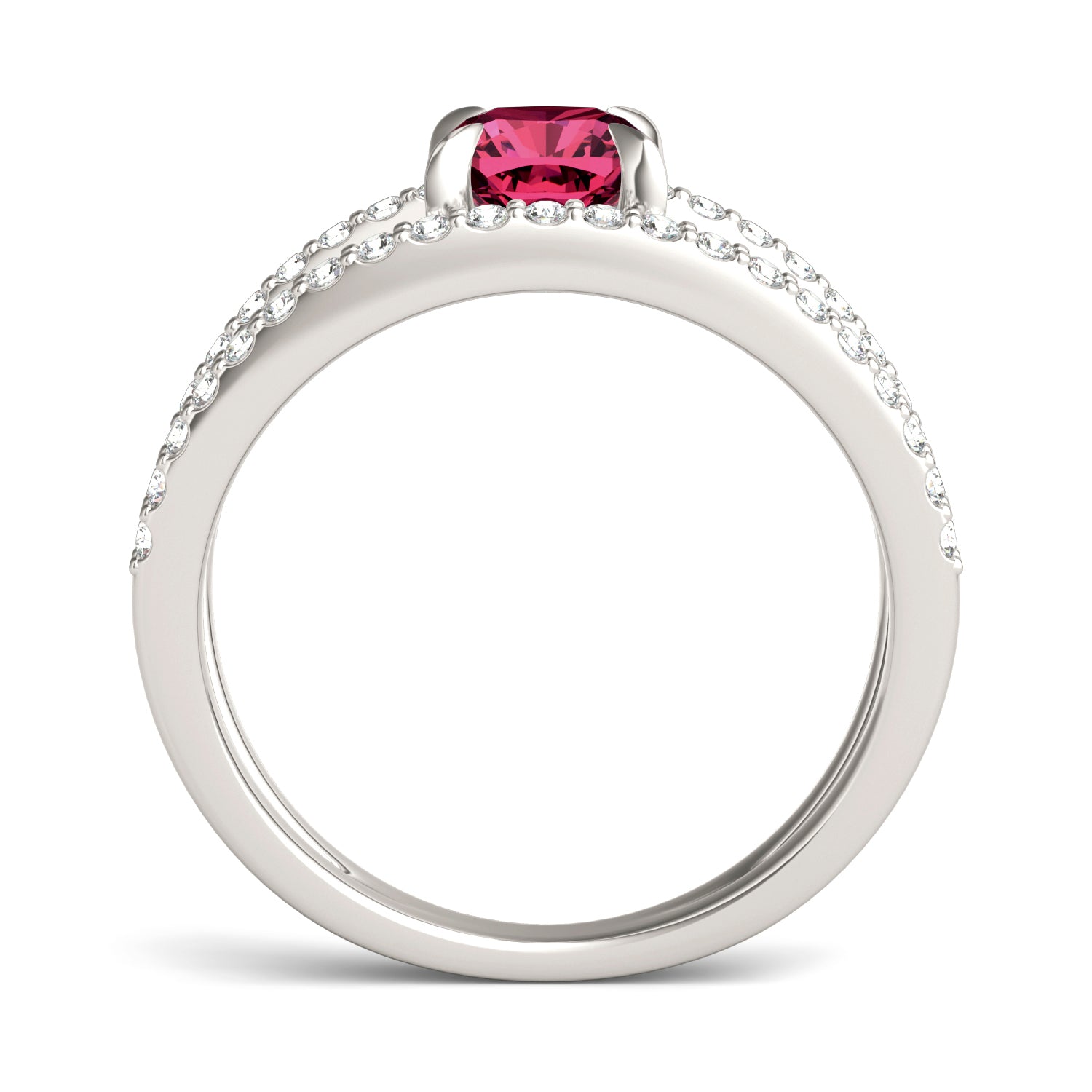 1/3 CTW Round Caydia® Lab Grown Diamond Split Shank Ring featuring Created Ruby