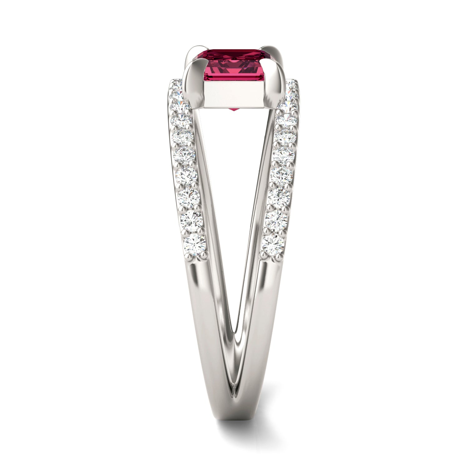1/3 CTW Round Caydia® Lab Grown Diamond Split Shank Ring featuring Created Ruby