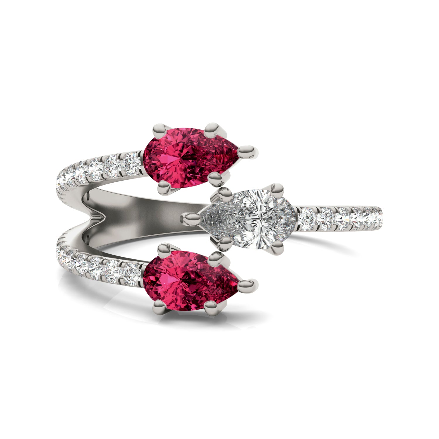 3/4 CTW Pear Caydia® Lab Grown Diamond Three Stone Fashion Ring featuring Created Ruby