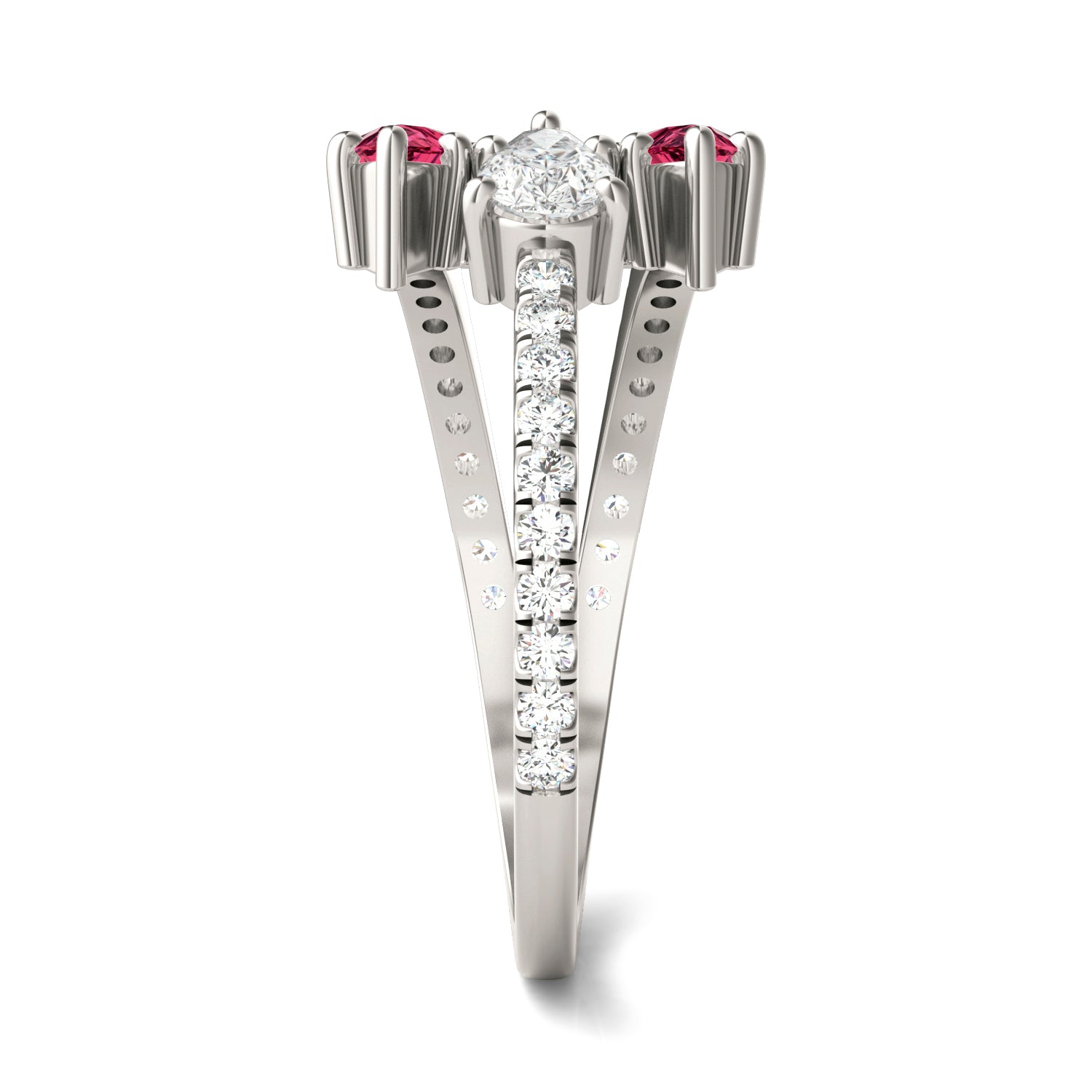 3/4 CTW Pear Caydia® Lab Grown Diamond Three Stone Fashion Ring featuring Created Ruby