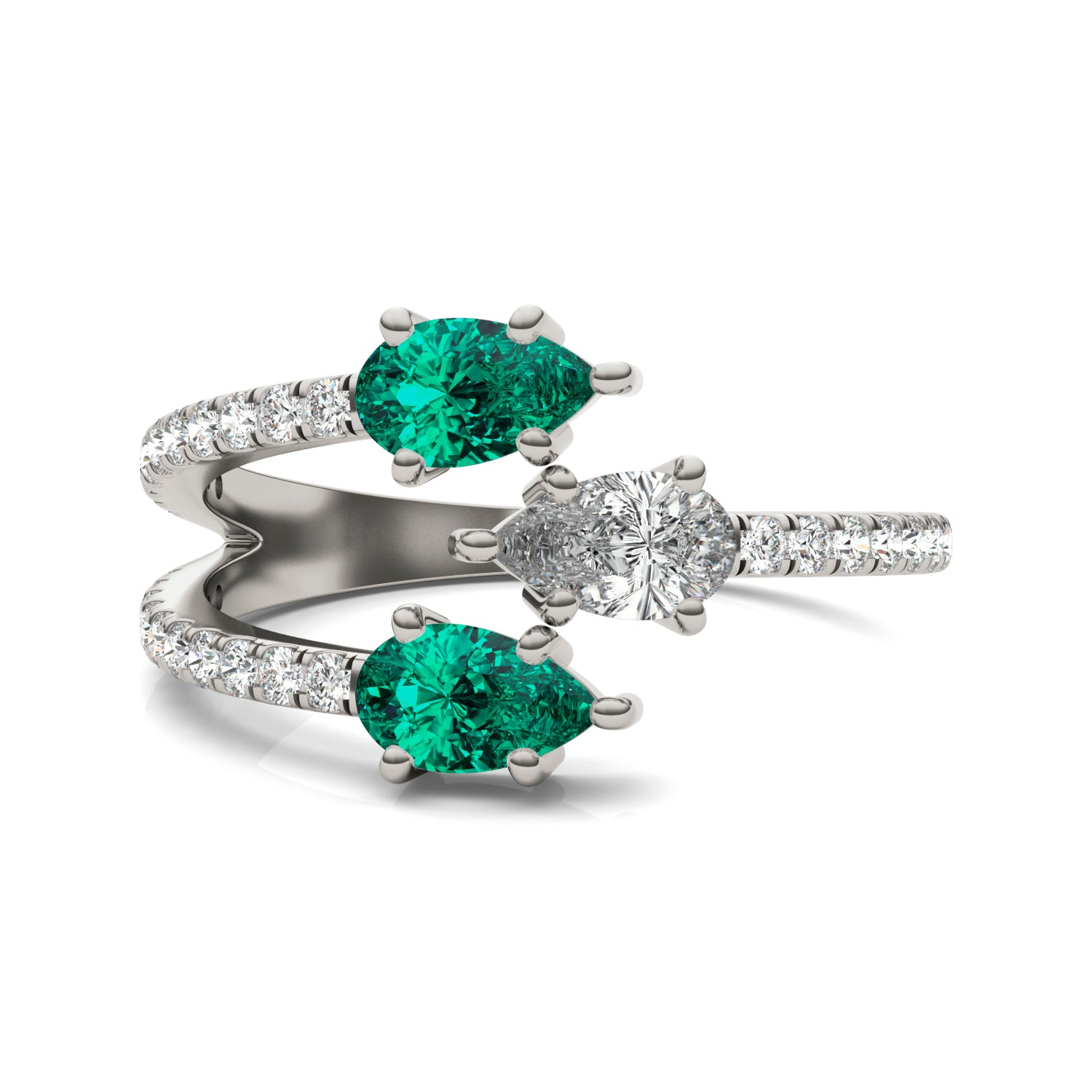 3/4 CTW Pear Caydia® Lab Grown Diamond Three Stone Fashion Ring featuring Created Emerald