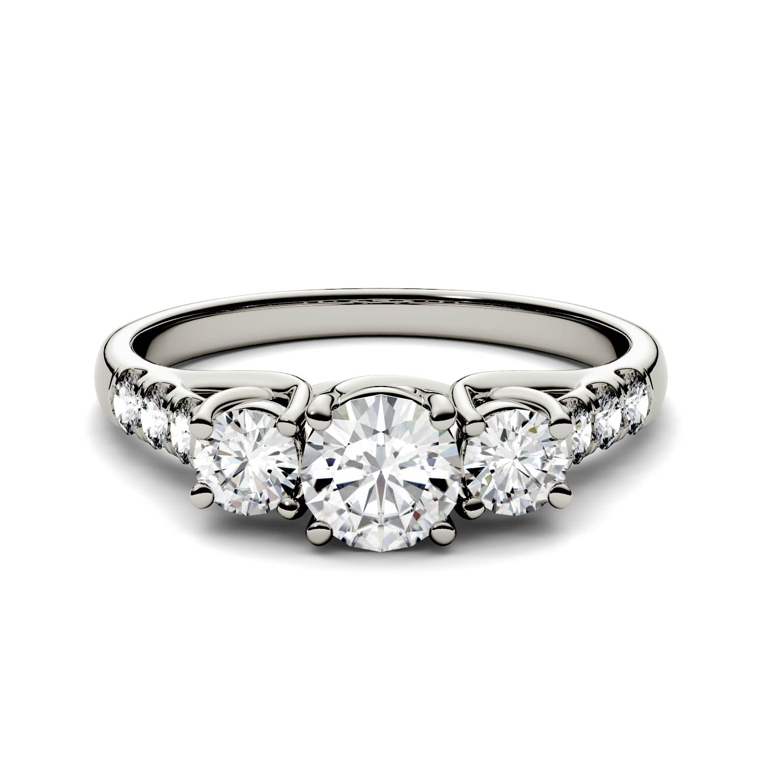 4.14 CTW DEW Round Forever One™ Moissanite Trellis Three Stone Ring