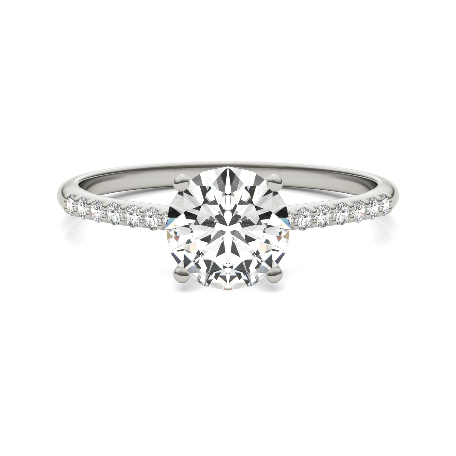 1.19 CTW DEW Round Forever One™ Moissanite Signature Side Stone Round Engagement Ring