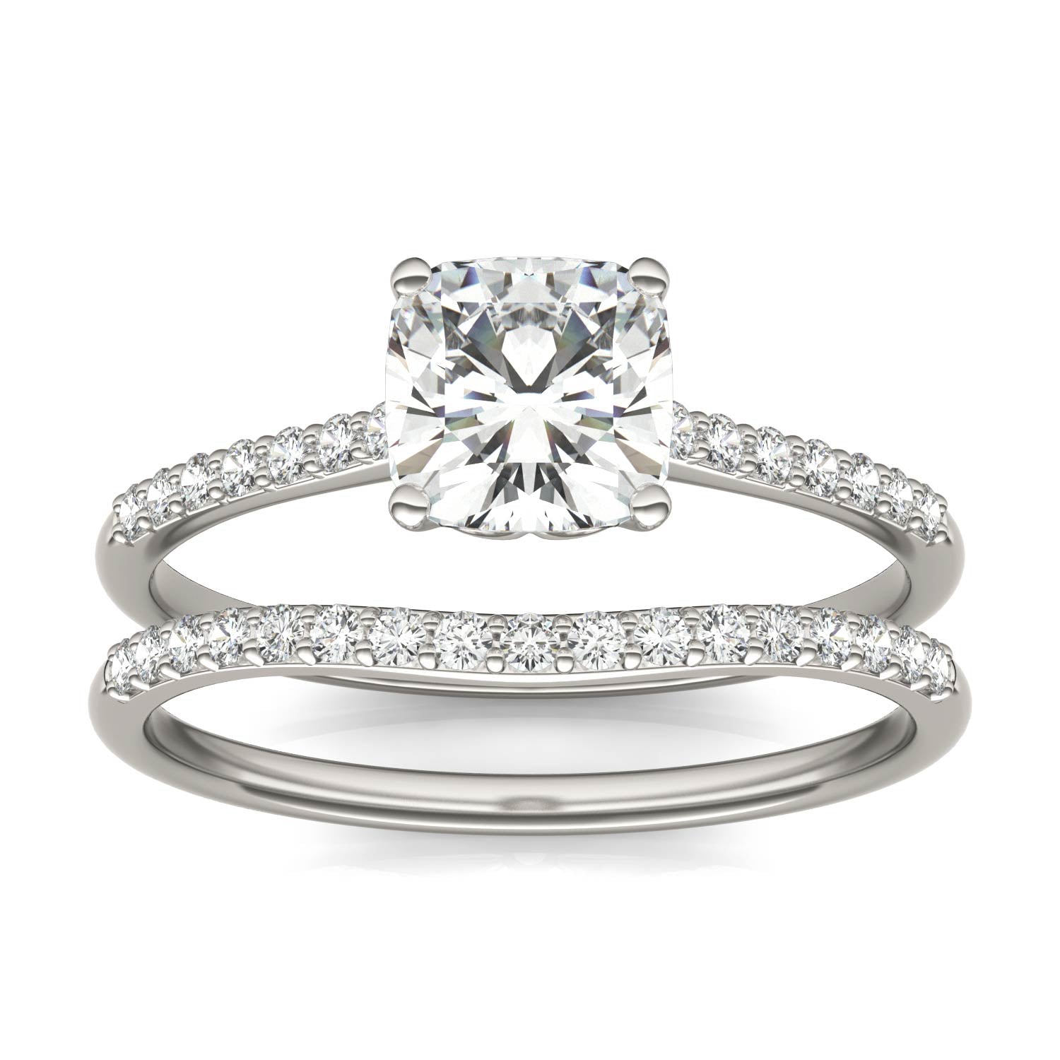 1.33 CTW DEW Cushion Forever One™ Moissanite Signature Bridal Set Cushion with Side Stones Ring
