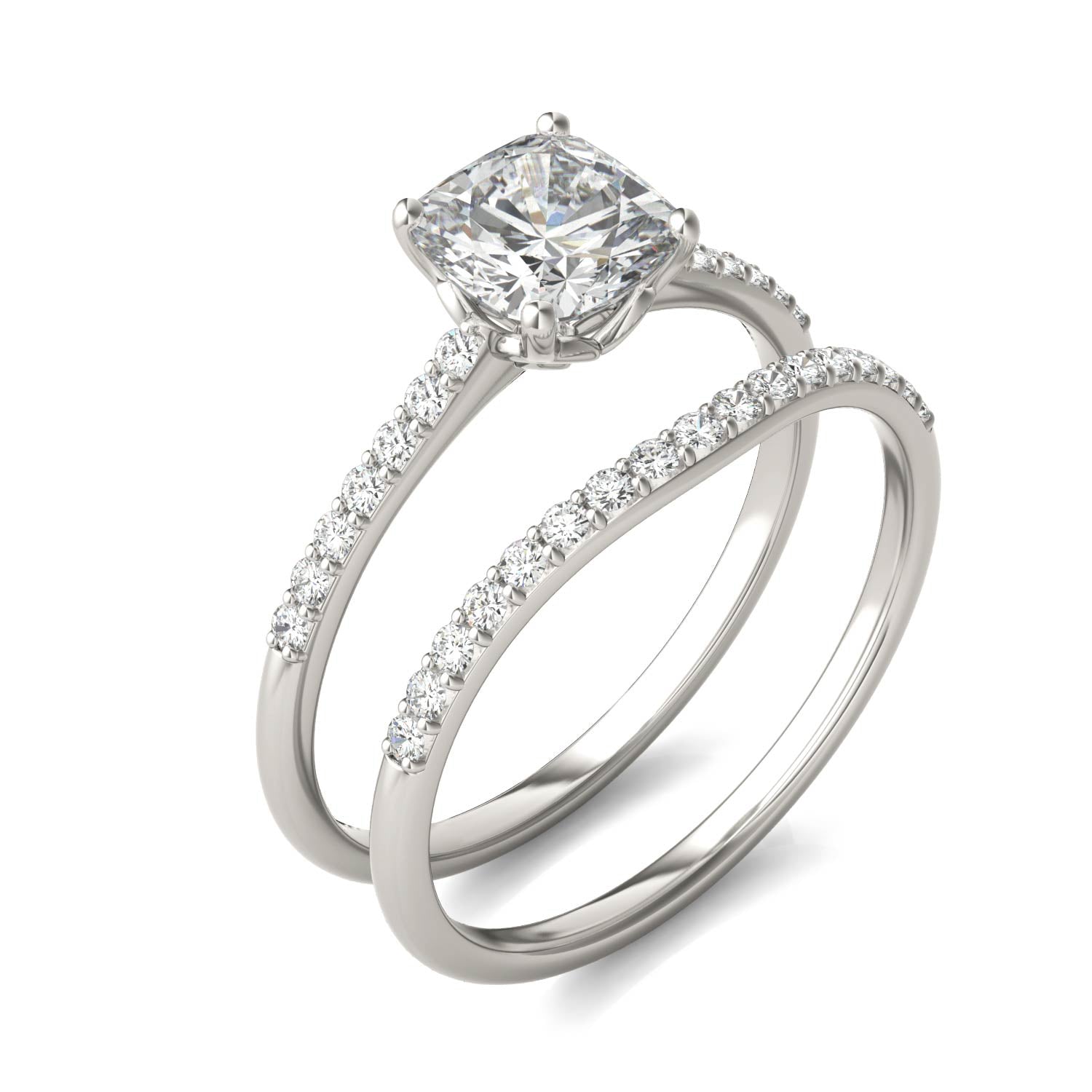 1.33 CTW DEW Cushion Forever One™ Moissanite Signature Bridal Set Cushion with Side Stones Ring