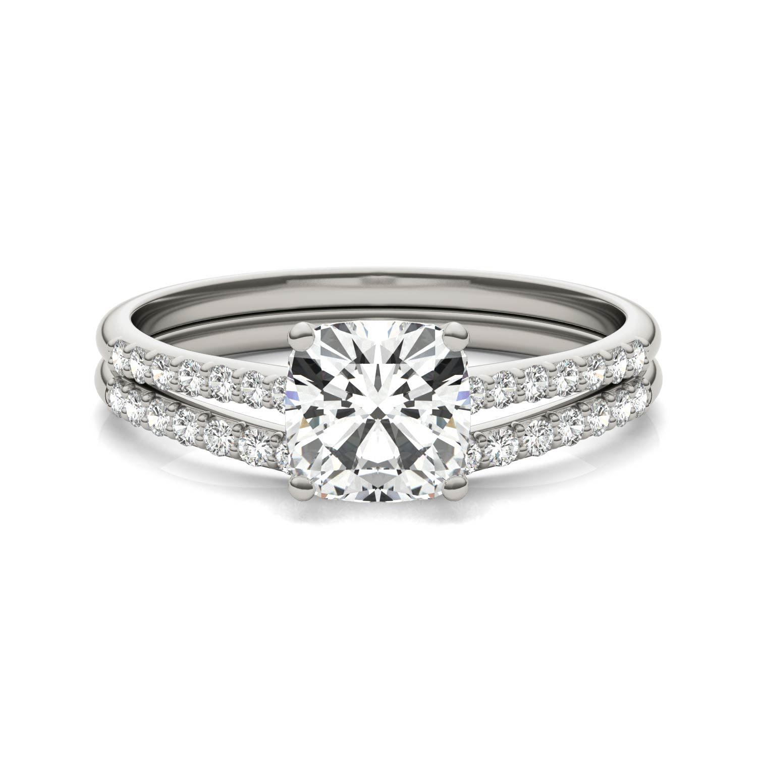 1.33 CTW DEW Cushion Forever One™ Moissanite Signature Bridal Set Cushion with Side Stones Ring