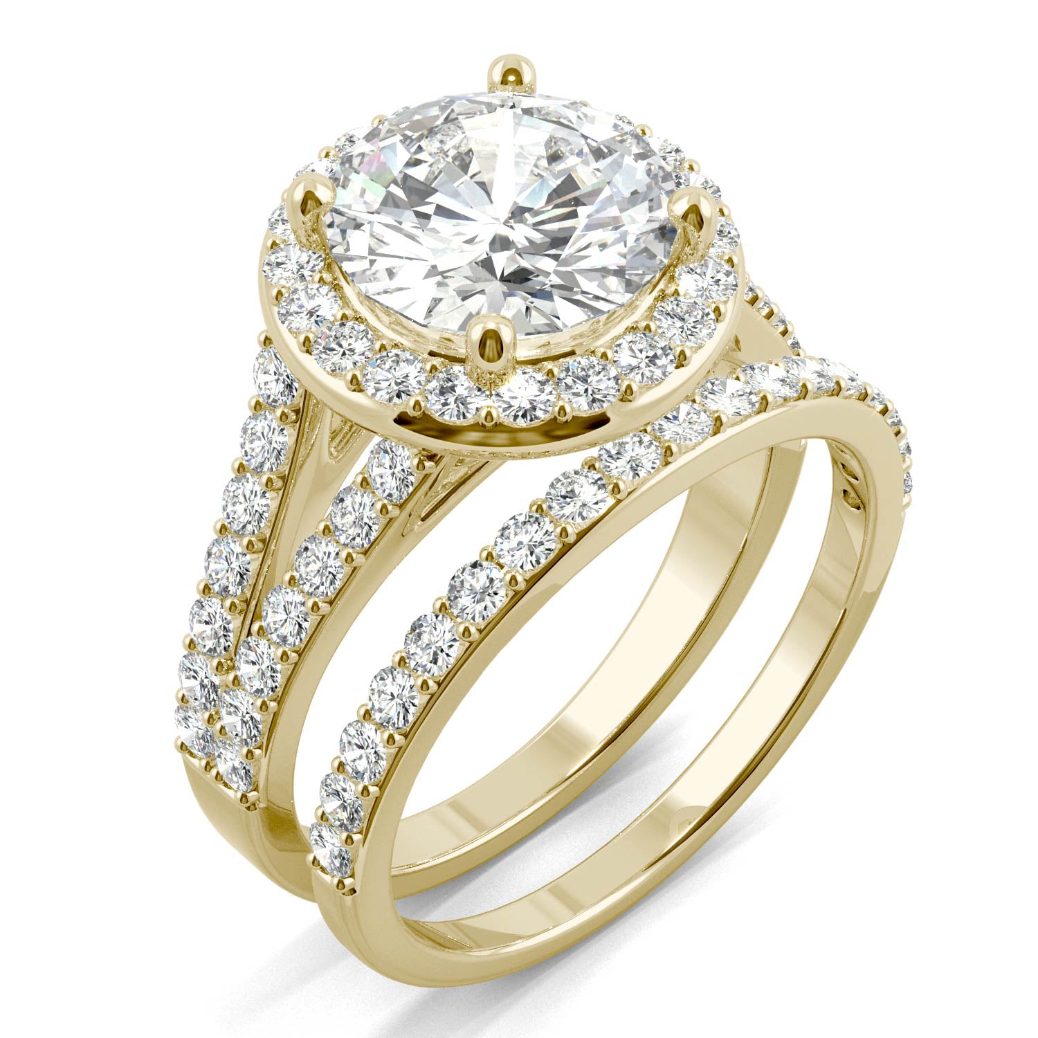 3.69 CTW DEW Round Forever One™ Moissanite Split Shank Halo Bridal Ring