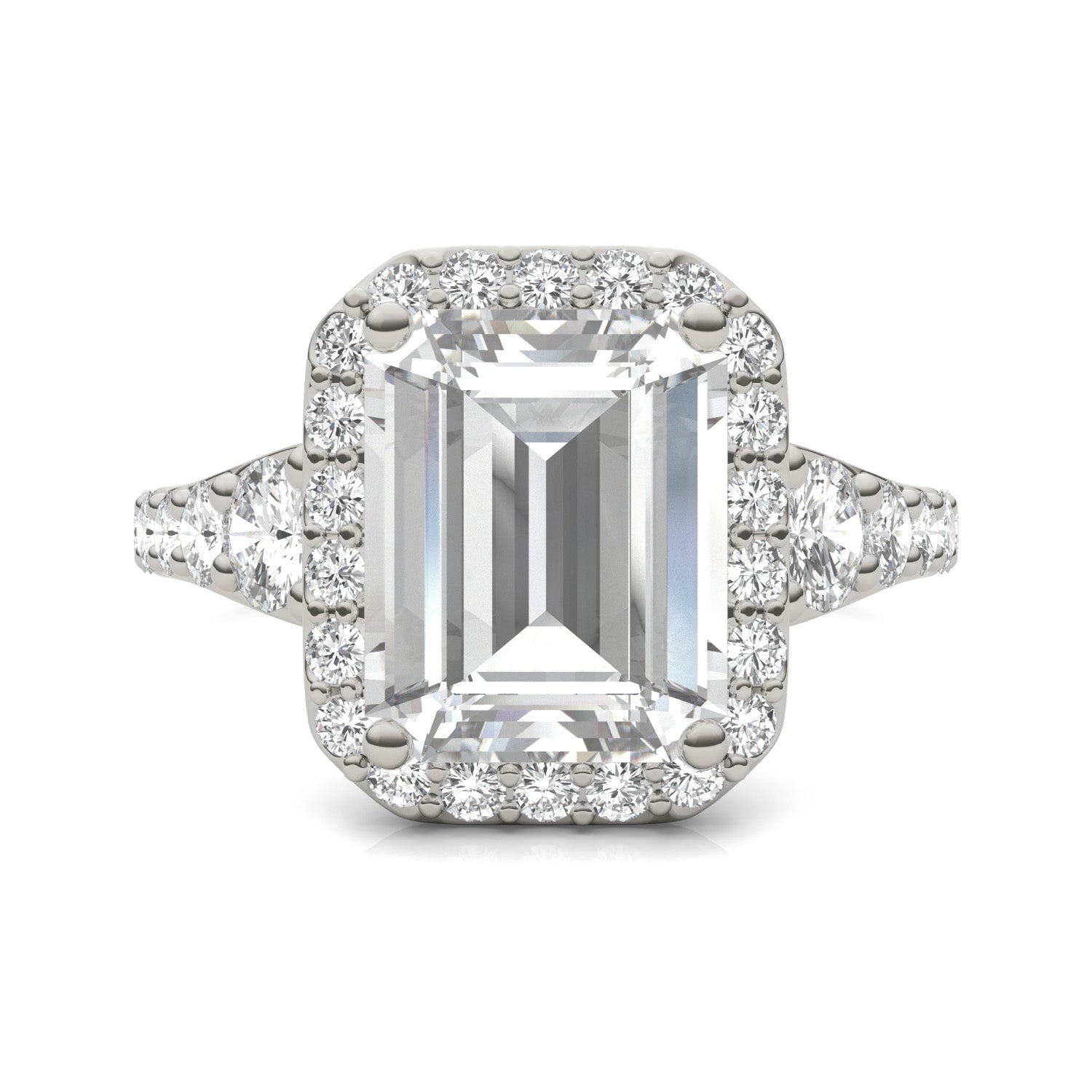 4.63 CTW DEW Emerald Forever One™ Moissanite Signature Graduated Side Stone Halo Engagement Ring