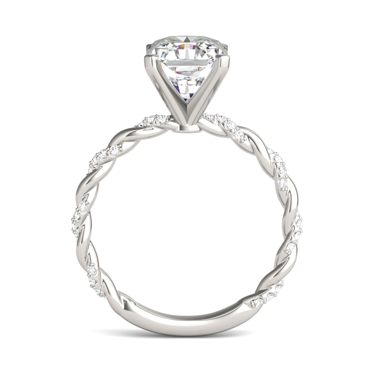 2.89 CTW DEW Radiant Forever One™ Moissanite Solitaire with Twist Side Accents Engagement Ring