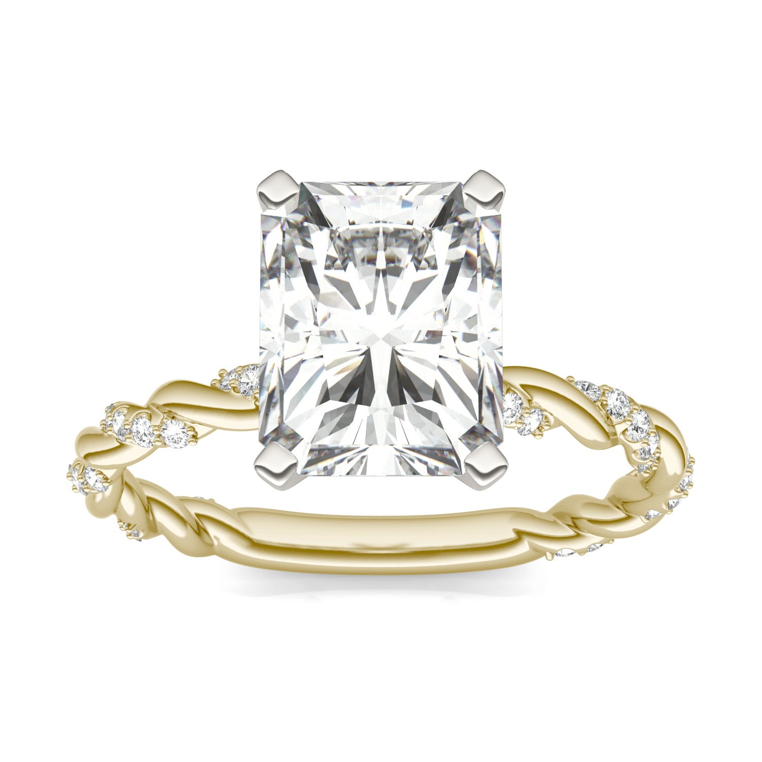 2.89 CTW DEW Radiant Forever One™ Moissanite Solitaire with Twist Side Accents Engagement Ring